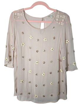 Monsoon Embellished Sheer Blush Top With Lace Details Size 10 US Floral Accents